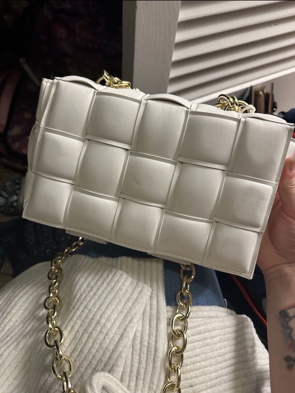 White Quilted Woven Crossbody Bag with Gold Chain